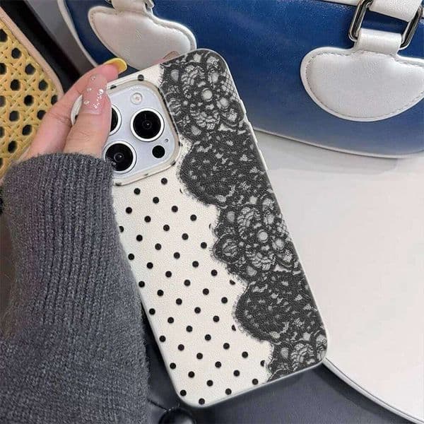 Elegant Lace Polka Dot Phone Case For iPhone 16 15 14 13 12 11 Pro Max 17 Air XSMax XS XR X 7 8 Plus Fashion Soft Back Cover