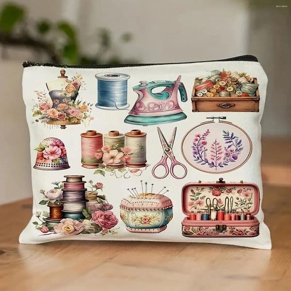 Cosmetic Bags Vintage Sewing Machine & Floral Makeup Bag Sewing-Themed Storage Organizer Large Capacity Case Lightweight Travel