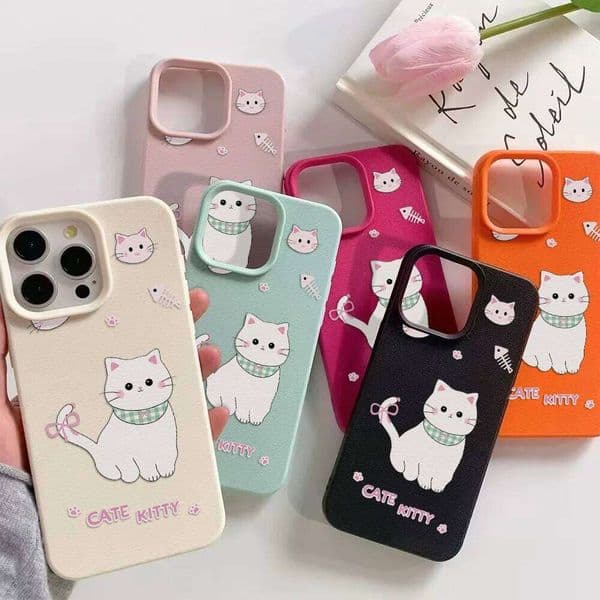 Leather Silicone Cute White Cat Phone Case For iPhone 16 13 11 15 14 12 Pro Max 17 Air X XR Shockproof Soft Cover