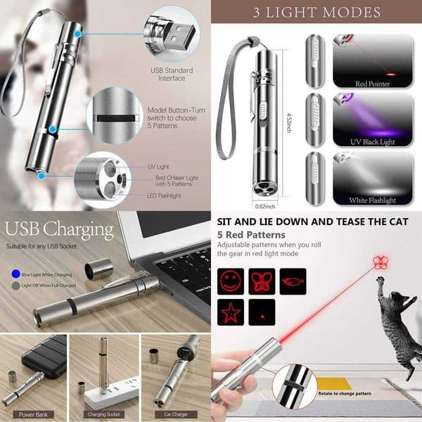 Cat Laser Toy Pen USB Charging LED Light Pointer Rechargeable Torch UV Flashlight Pen 5 Patterns Laser Stick Toy Cat Accessories X260529