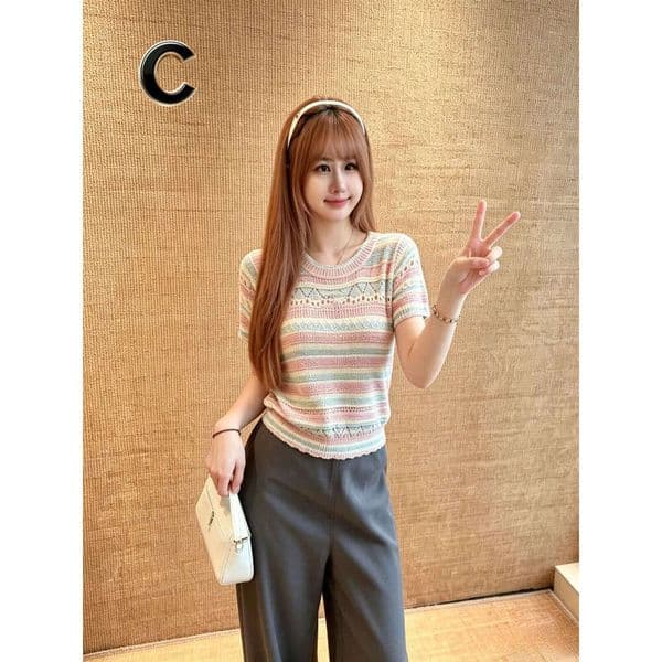 Designer Pastel Striped Knit Top, Women Round Neck with Lace Openwork, Casual Short Sleeve Knitwear Streetwear Trendy