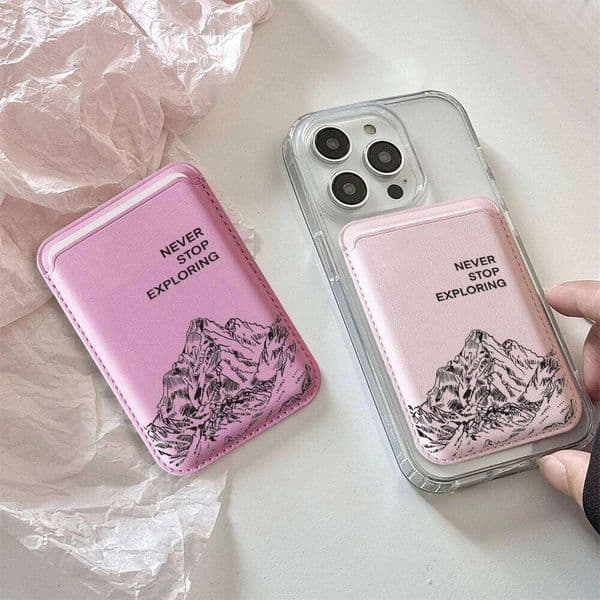 Aesthetic Minimalist Mountain Line Art Leather Phone Card Wallet For Magsafe Slim Back Pocket Case Durable Stylish Design