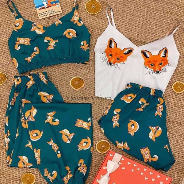 4-pcs Set Sleepwear Women Satin Silk Pajamas Set Summer V-neck Strap Nightwear Pijama Homewear Fox Animal Flower Print Clothes L260525