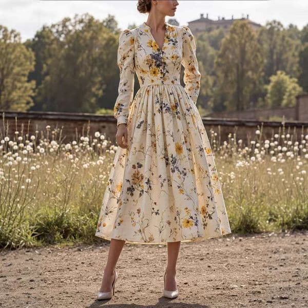 Vintage Casual V-Neck Printed Long Sleeve Women's Dress