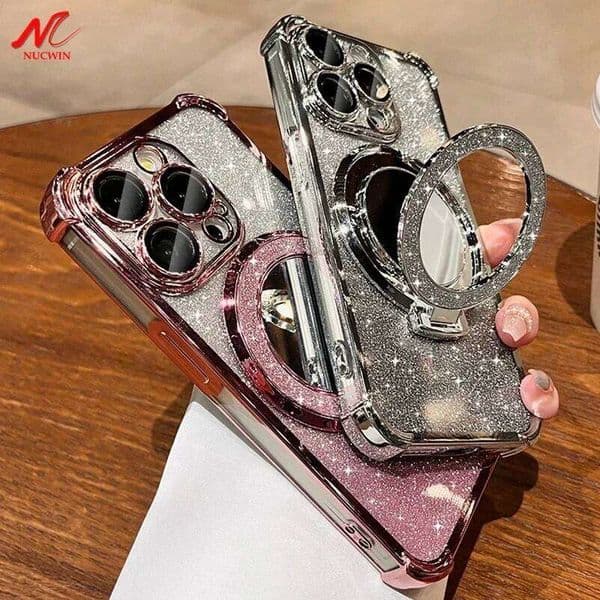 Plating Airbag Glitter Bracket Magsafe Case 15 16 15Plus Luxury Mirror Cover for iPhone 12 13 14 Pro Max