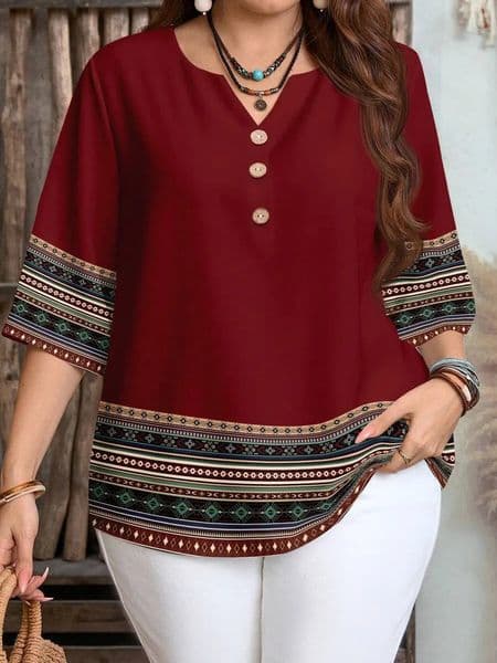 Plus size womens springsummerautumn retro pattern front button leisure short sleeve shirt essential summer outfit 260601