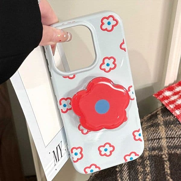 Cute Cartoon Korean Red Flowers Holder Bracket Soft Phone Case For iPhone 17 16 15 14 13 12 Pro Max Shockproof Protective Cover Z260601