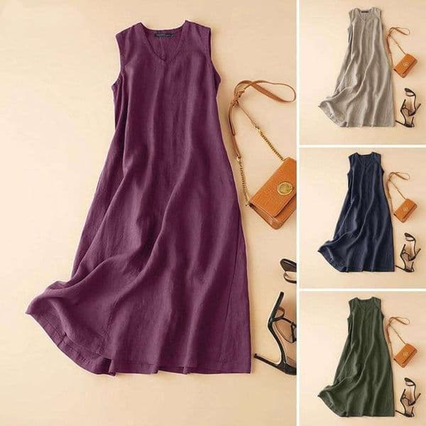 New in vintage style, V-neck sleeveless cotton-linen dress for women