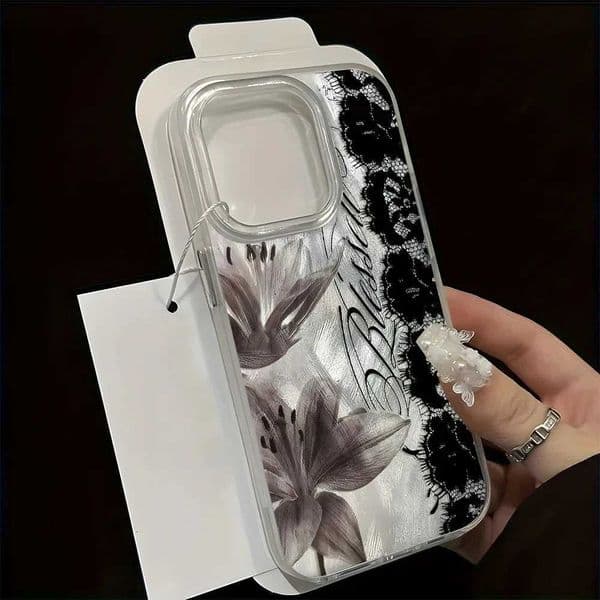 And Black Lace Floral Pattern Phone Case For iPhone 11 12 13 14 15 16 17 Pro Max 14 15 Pro Air X XR XS TPU Silicone Bumper Cover Z260601