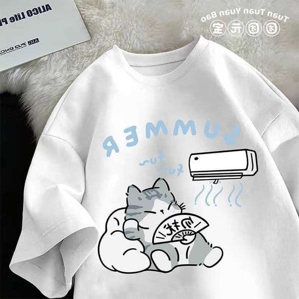 M-8XL Summer Men Oversize T-shirt Korean Casual Loose Style Kitten Blowing Fan Print T-shirt Suitable for Both Men Women L260527
