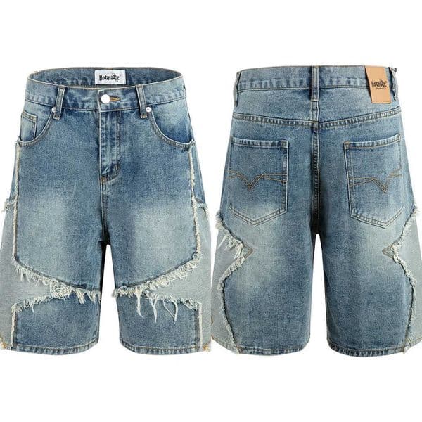High Street Washed Stars Patchwork Baggy Jeans Shorts for Men Wide Leg Straight Casual Denim Five Point Pants Oversized L260529