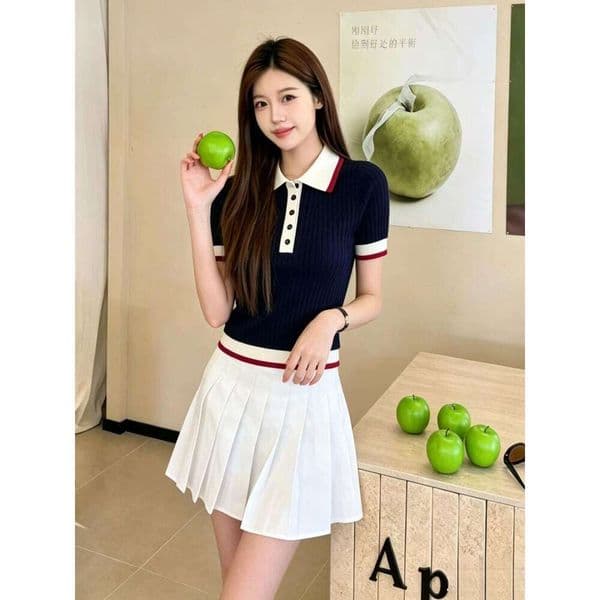 Designer Navy Knit Polo Top, Women Short Sleeve with White Red Trim, Casual Summer Knitwear Square Neck Retro