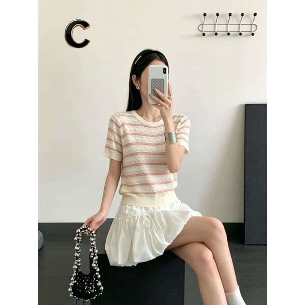 Designer Cream Pink Knit Striped Top, Women Round Neck with Lace Shoulder, Casual Summer Knitwear Casual Daily