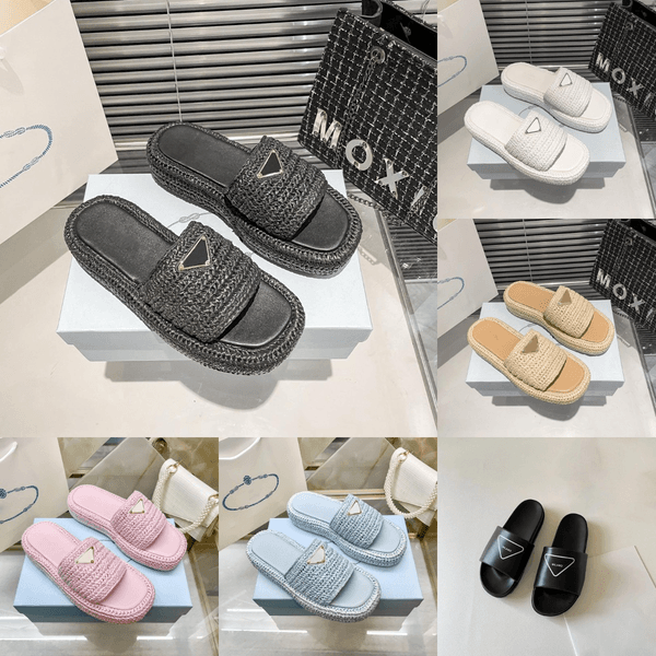 Designer Summer Women slippers Sandals Flat Slides Flops Triangle leather Outdoor Loafers Bath Shoes Beachwear Slipper Black White Brown fashion shoes