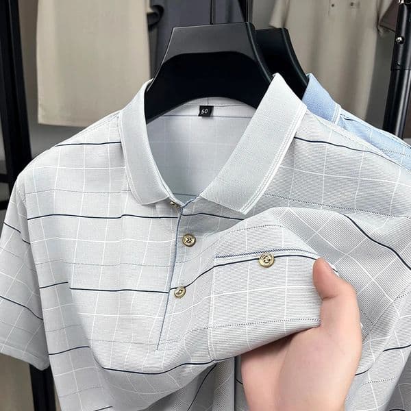 Middle-aged and Elderly Mens Ice Silk Short-sleeve T-shirt Polo Shirt with Genuine Pockets and Stripes Summer Wear for Dad 260525