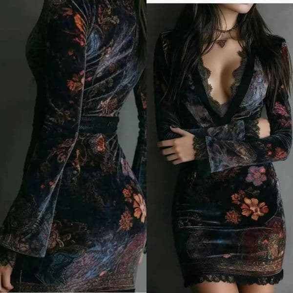 Womens Long Sleeve Velvet Floral Print Lace Trim Deep V Bodycon Mini DressL260530