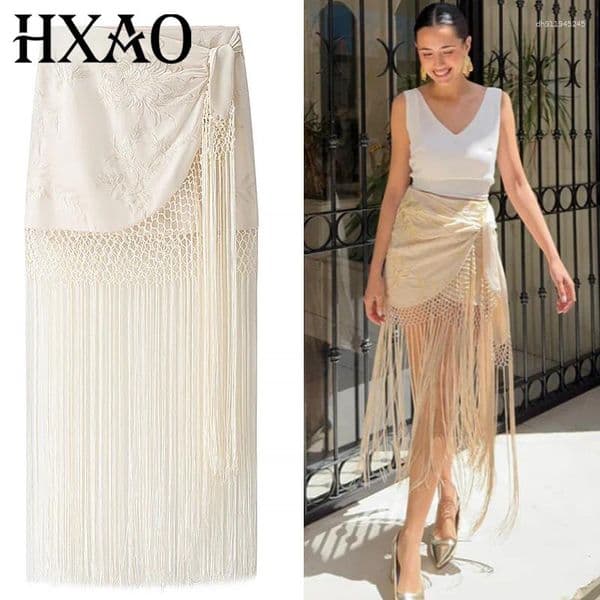 Skirts HXAO 2026 Women's Skirt Embroidered Fringing Summer Lace Wrap Long Midi High Waist Ruffle Street