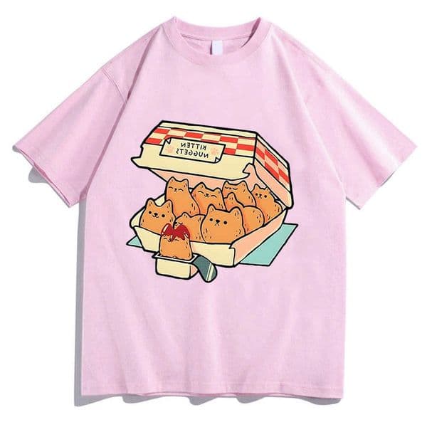 Kitten Nuggets Happy T Shirts Women Kawaii/cute High Street Tshirts 100 Cotton T-shirts Cat Biscuits Dipping Sauce Short Sve D260601