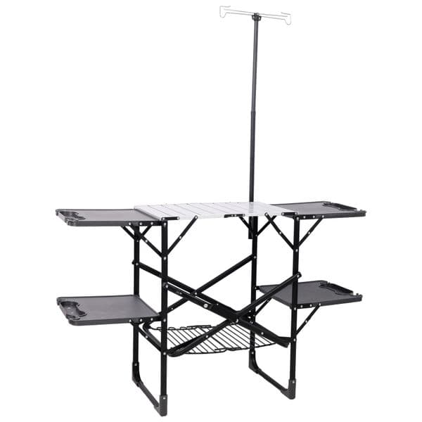Folding Camping Kitchen Table - Portable Outdoor Cooking Station with Heat Resistant Top 4 Side Tables Storage Rack & Lamp Post for Picnics & Camping Trips