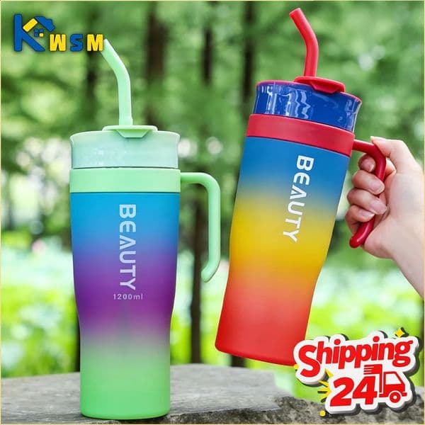 1200ml Large Capacity Gradient Frosted Sports Water Bottle Tumbler for Car Gym Outdoor Travel Reusable BPA Free Cup with Straw 260601