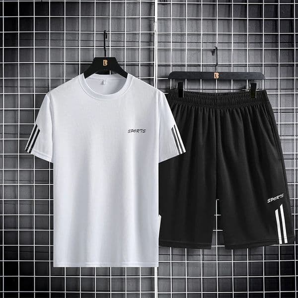 Three bar mens sports suit summer ice silk breathable mesh quick drying clothes quick drying pants outdoor running two-piece se 260529