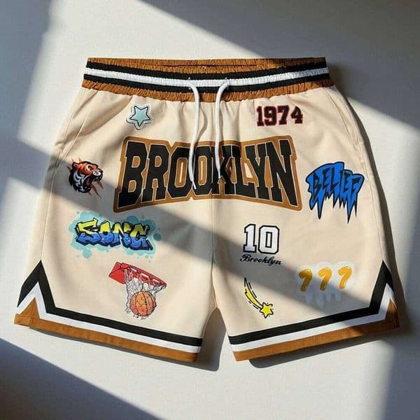 Summer BROOK LYN Y2K Graphic Print Basketball Men's Casual Quick-dry Beach Comfy Relaxed-Fit Flexible Shorts Moto 26Y0601