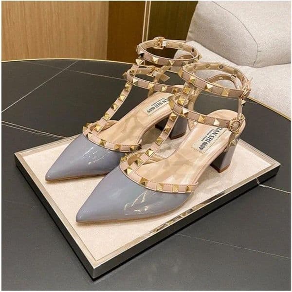 Sandals Women's Spring And Summer Baotou Rivet Pointed Toe Block Heel Shoes One Buckle Strap Patent Leather