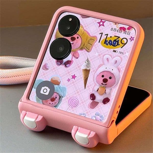 Korean Cute Cartoon Anime Pink Ear Phone Case XiaoMi Mix For Samsung Galaxy Z Flip 6 5 4 3 With Hand Strap Cover