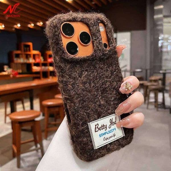 Ins Maillard Color Fur Embroidery Case For iPhone 16 15 13 14 17 Pro Max Label Lovely Girl Lady Soft Back Plush Fluffy Cover