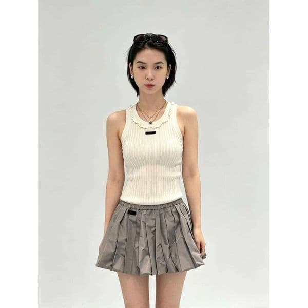 Designer White Knit Vest, Women Sleeveless Tank with Ruffled Neckline and Hem, Casual Knitwear Long Sleeve Elegant