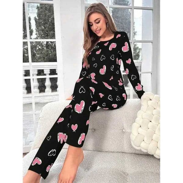Sleepwear Womens Black Love Print Long Sleeve Trousers Student Loungewear Pajama Set Girl O-Neck Fashion Soft Casual Nightwear L260525
