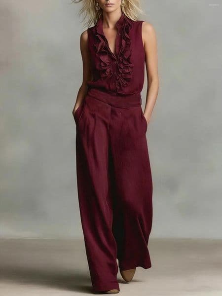 Women's Two Piece Pants 2026 Fashion Casual Spring And Summer Simple Linen Blend Sleeveless Shirt Wide Leg Set