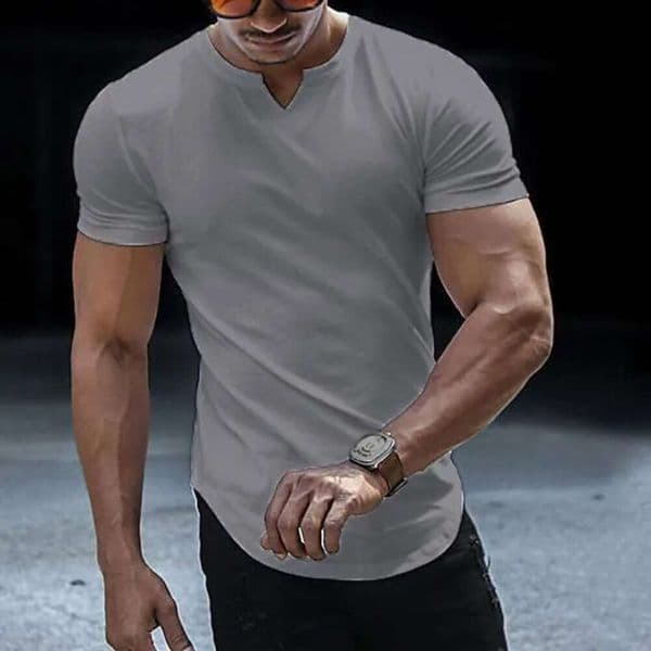 2026 New Men's T Shirts Casual Slim Fit Sports Shirt Mens Summer Short Sleeve V Neck Skinny Stretch Tees Leisure Men Clothes Streetwear Pullover Tops 14D