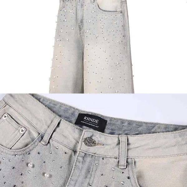 Mens High Street Hip Hop Short Jeans With Hotfix Rhinestone Fashion Streetwear Washed Vintage Denim Shorts Personality Design L260530