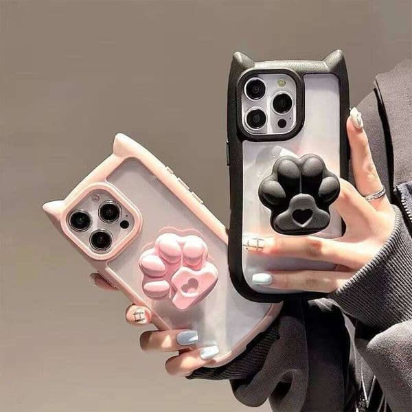INS Cute 3D Cat Ear Claw Grip Tok Holder Phone Case for iPhone 16 15 14 13 12 11 Pro Max Plus X XS XR Acrylic Transparent Cover W260601