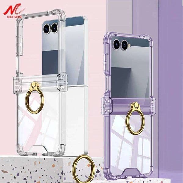 Luxury Transparent Case Ring Holder Airbag Hinge Protection Clear Cover for Samsung Galaxy Z Flip 6 7 5
