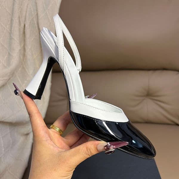 Women Slingbacks Sandals Slip On Dress Shoes Chunky Heels 10cm Designer Sheepskin Patendt Leather Wedding Shoes Outdoor Leisure Shoes With Dust Bags Casual Shoes