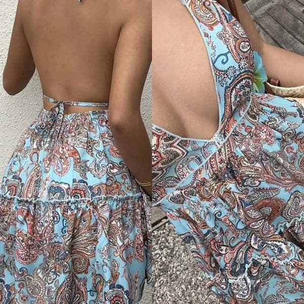 Womens Casual Vacation Daily Versatile Bohemian Print Backless Tie Strap Bow Dress Spring/SummerL260530