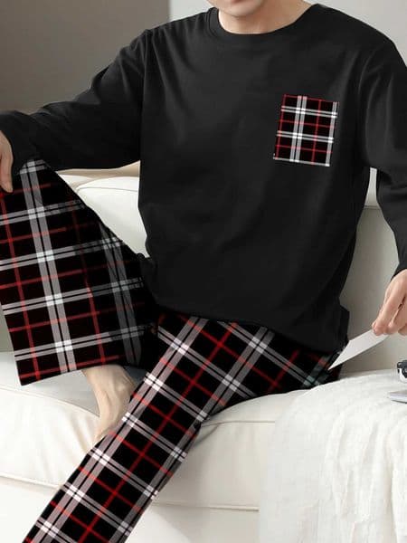 Two piece sets mens pajamas autumn and winter long sleeved pants checkered sleepwear set L260525