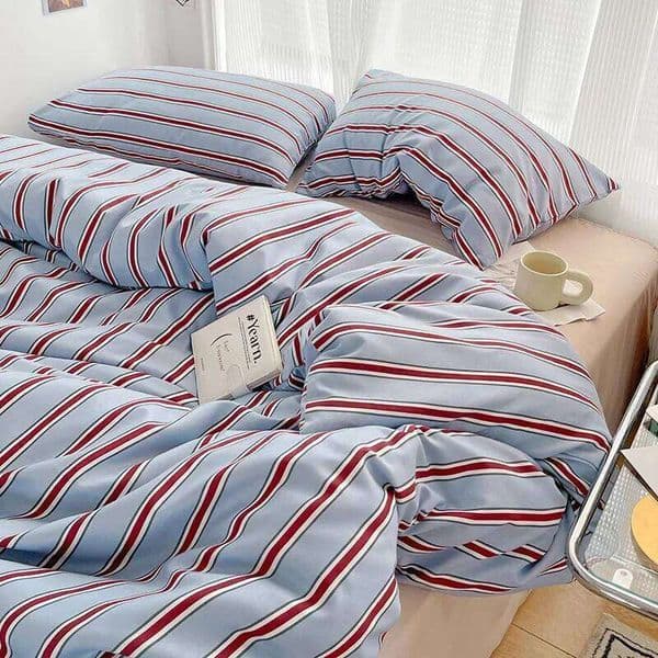 Simple Red Blue Striped Duvet Cover and Four Piece Sheet Set with Washed Cotton Bedding on the Bed 26Y0601