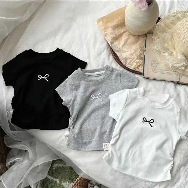2-12Y Girls Short Sleeved T-shirt Pure Cotton 2025 Summer New Kids Shirts Korean Childrens Baby Embroidery Bow Slim Fit TopsT260601