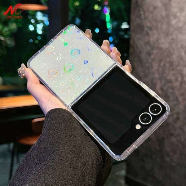 Luxury Love Heart Glitter Clear Case for Samsung Galaxy Z Flip 7 6 5 zflip 3 4 Flip7 Aurora Gradient Bling Transparent Cover