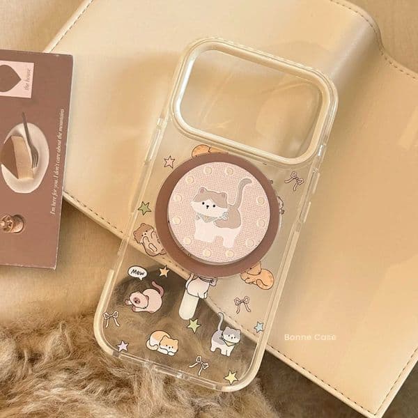Cartoon Kitten Korean Magnetic Bracket Phone Case For iPhone 17 16 15 14 13 12 Pro Max Clear Shockproof Protective Soft Cover Z260601