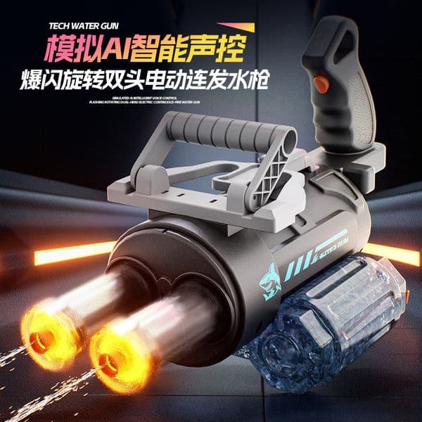 English AI Voice Controlled Rotating Dual Barrel Electric Water Blaster with Light and Large Capacity Backpack