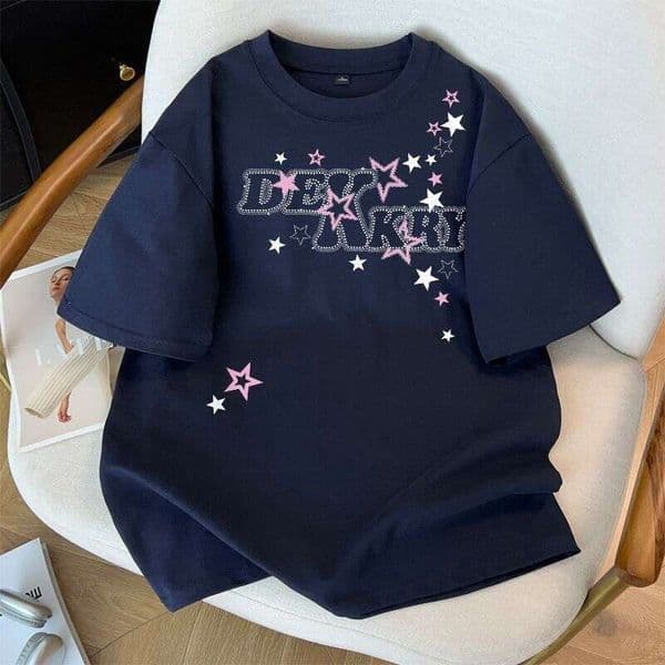 100% Cotton Fun Star And Letter Print Short-Sleeve Navy Blue T-Shirt Summer Cool Top