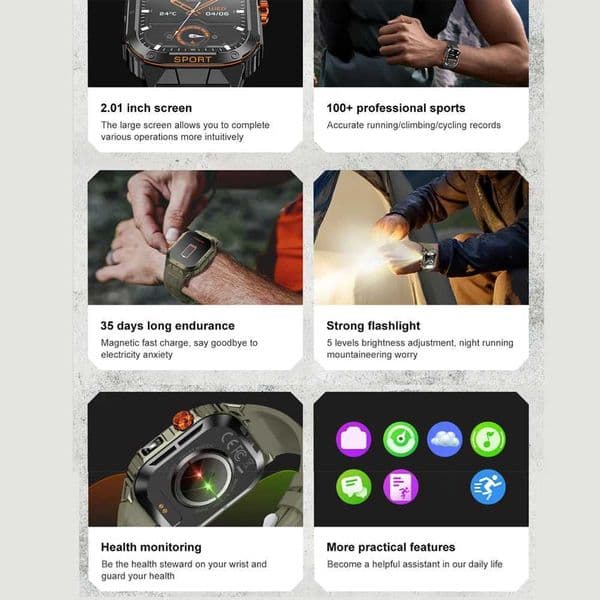 New Sports Outdoor Fitness Smartwatches Waterproof Health Strong Light Flashlight Weather Smart Watch 300mah Battery Cust DialJ260601