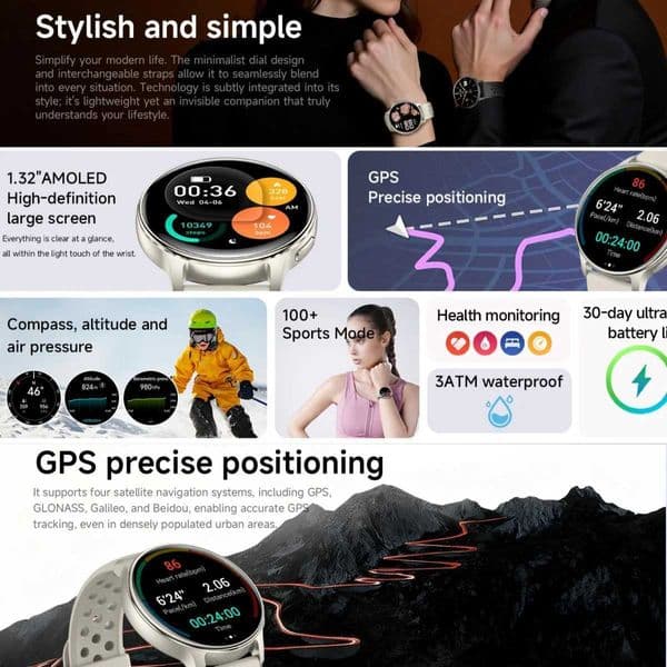 2026GPS Smart Watch Men Wen 132 AMOLED Cpass Altitude Air Pressure 100 Sports Mode 3ATM Waterproof Health Monitor 30 DaysJ260601