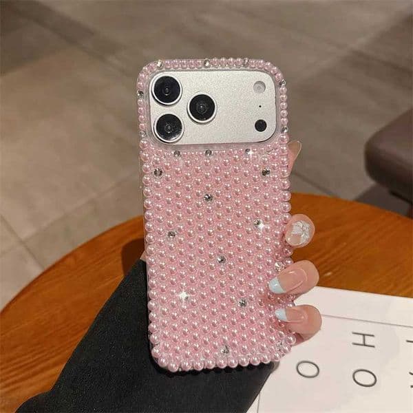Solid Colors Luxury Full Screen Pearls Bling Diamonds Phone Case For iPhone 17 Air 16 13 14 15 12 11 Pro Max Shockproof Cover Z260601
