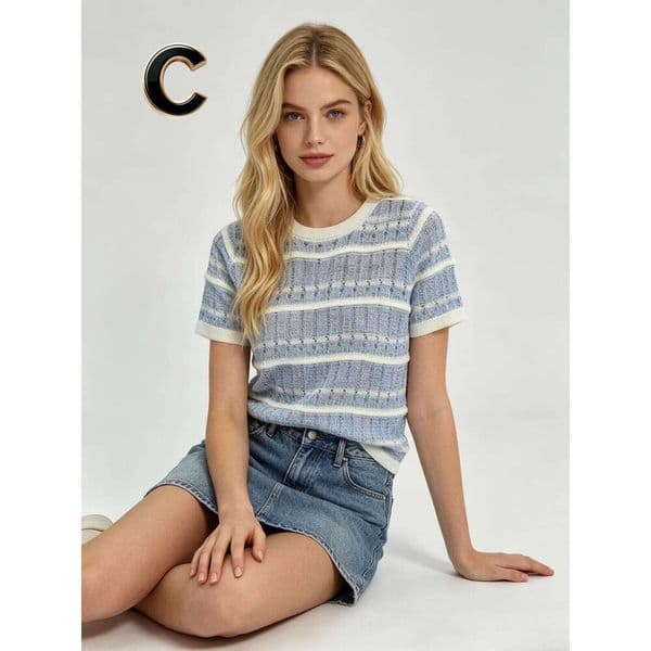 Designer Light Blue Knit Top, Women Short Sleeve with White Stripes and Openwork, Casual Summer Knitwear Cross Neck Temperament
