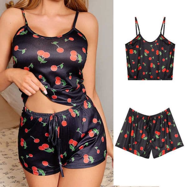 Cherry Summer Womens Print Pajama Set Sexy Ice Silk Sleeveless Vest and Shorts Girls Casual Cute Printed Sleepwear for Lounging C260601